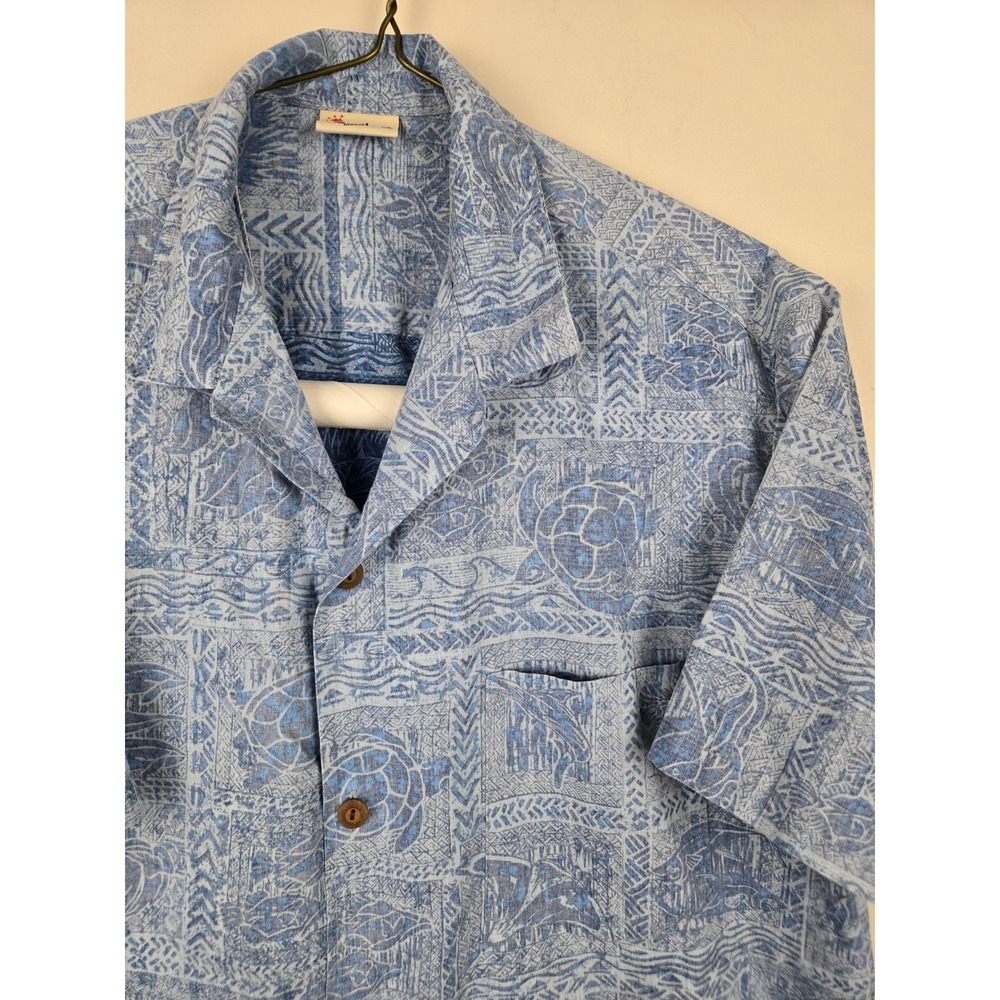 Royal Creations Men XL Blue Hawaiian Shirt Tribal Sea Turtle Fish Made in Hawaii
